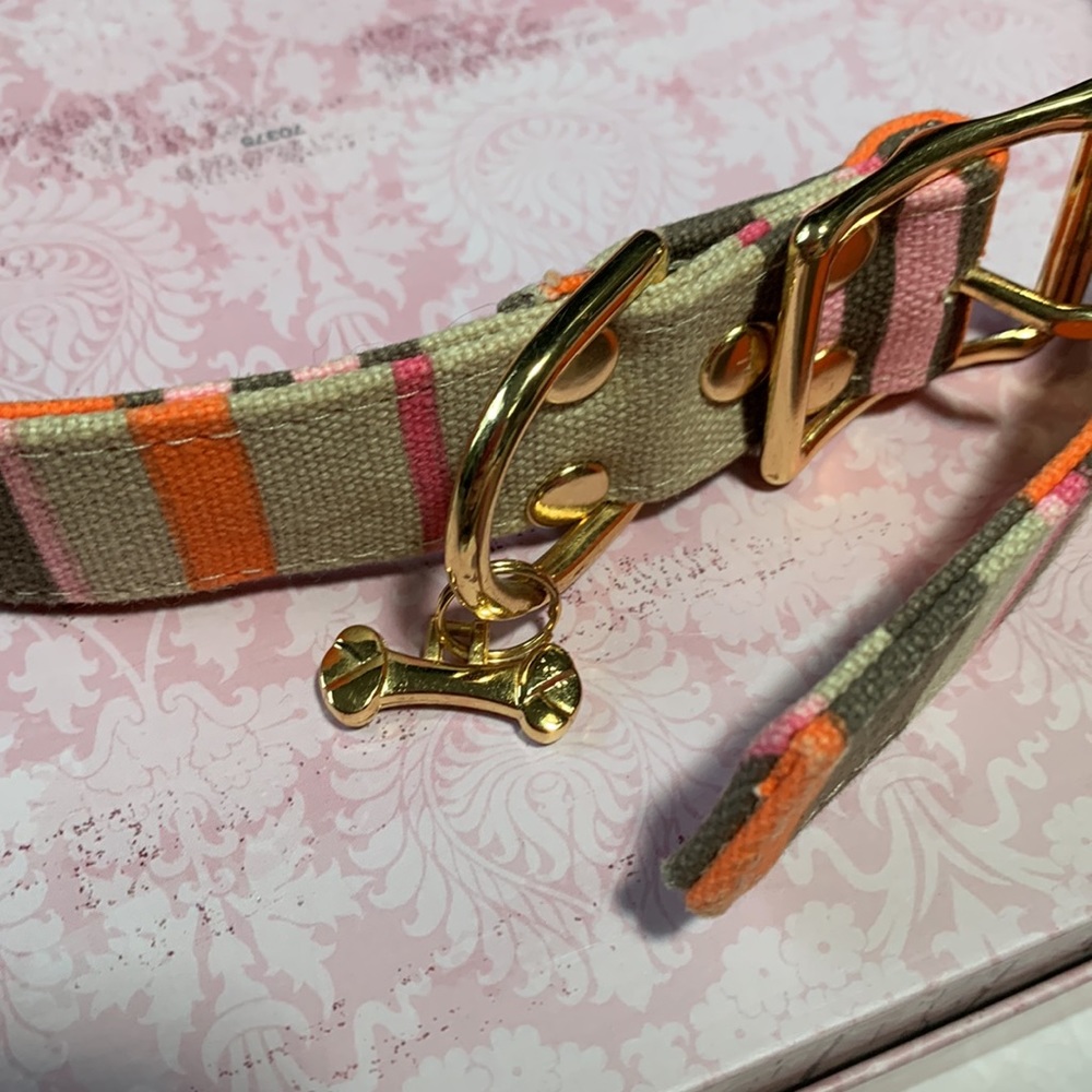 Fox & Hounds orange/pink/tan dog collar w gold hardware - Picture 2 of 4